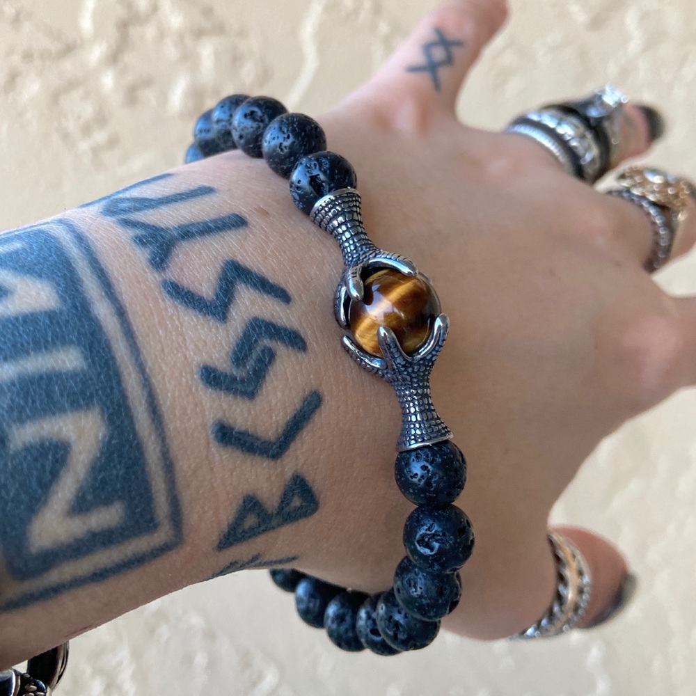 Men or women Dragon claws golden tiger eye & black lava rock gemstone bracelet